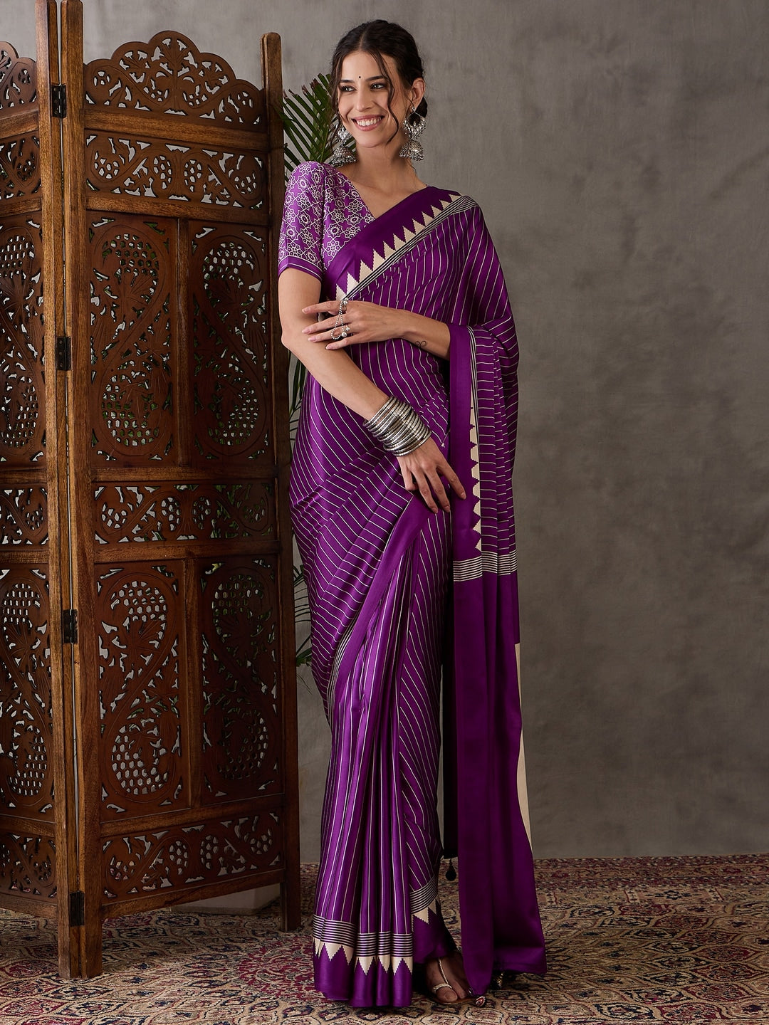 Peachmode Purple Striped Modal Art Silk Saree with Blouse - Image 1