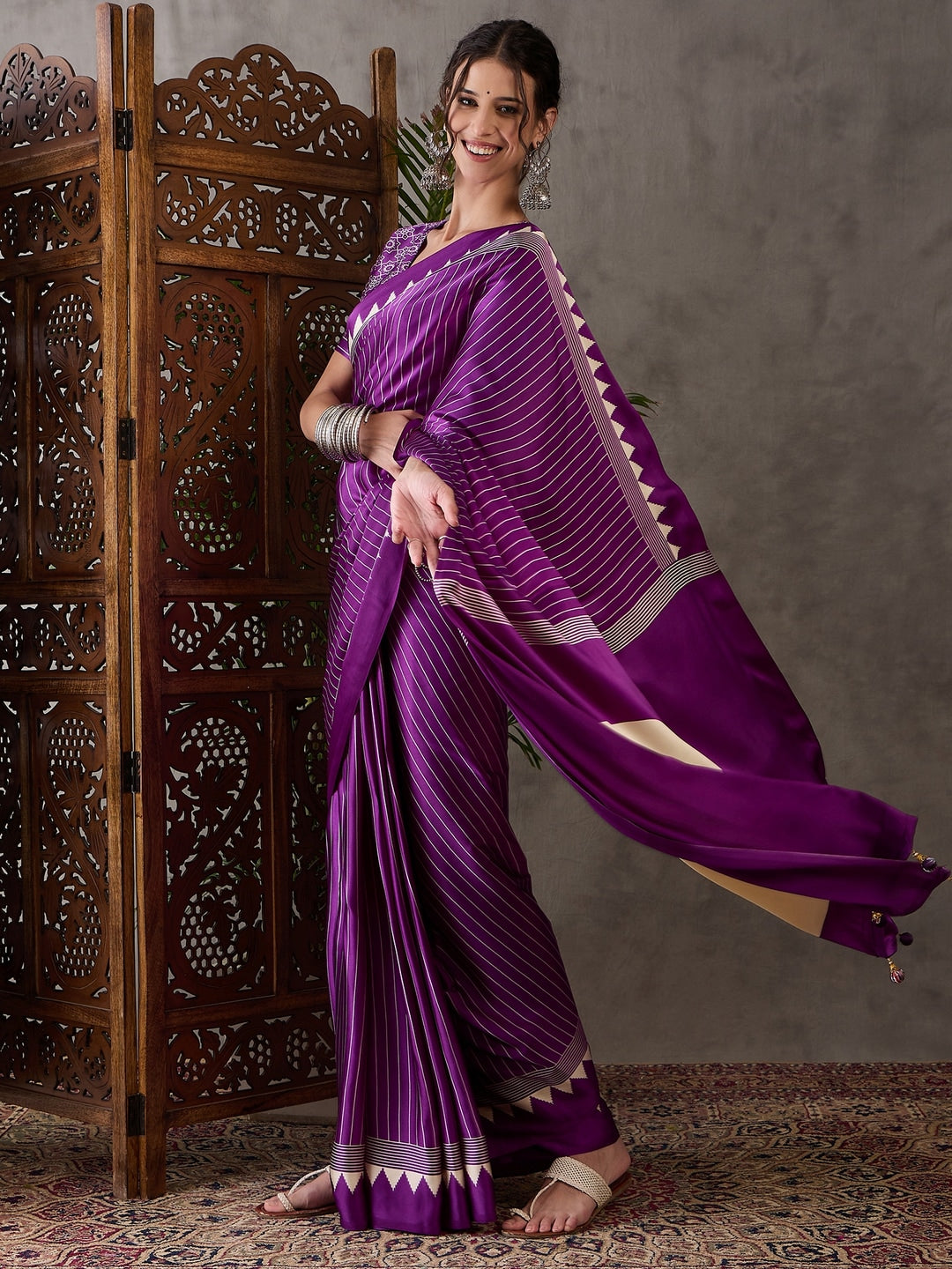 Peachmode Purple Striped Modal Art Silk Saree with Blouse - Image 2