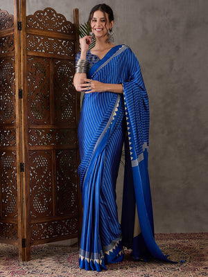 Peachmode Blue Striped Modal Art Silk Saree with Blouse - Image 1