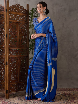 Peachmode Blue Striped Modal Art Silk Saree with Blouse - Image 2