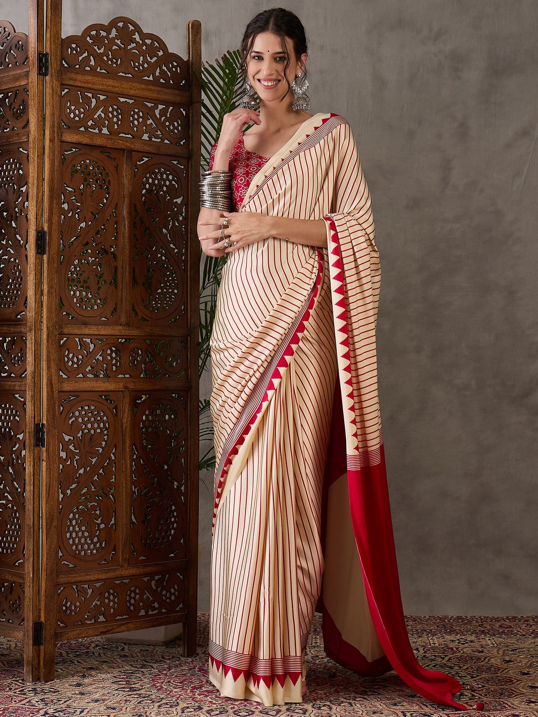 Peachmode Cream Striped Modal Art Silk Saree with Blouse - Image 1