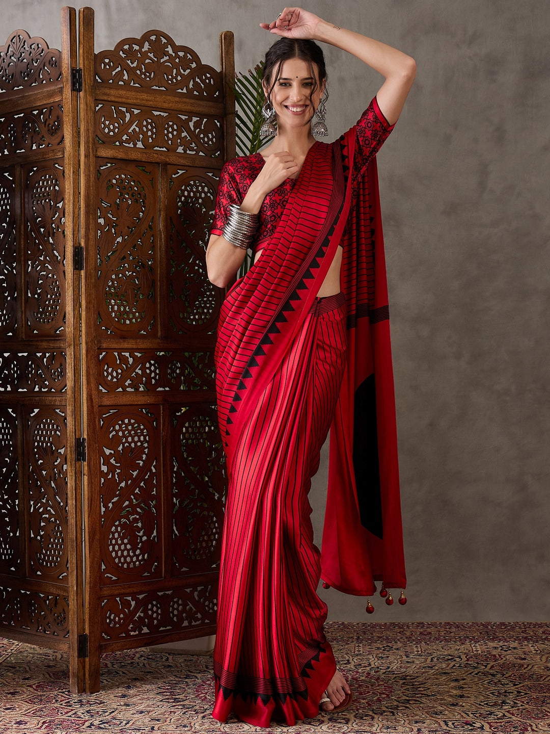 Peachmode Red Striped Modal Art Silk Saree with Blouse - Image 1