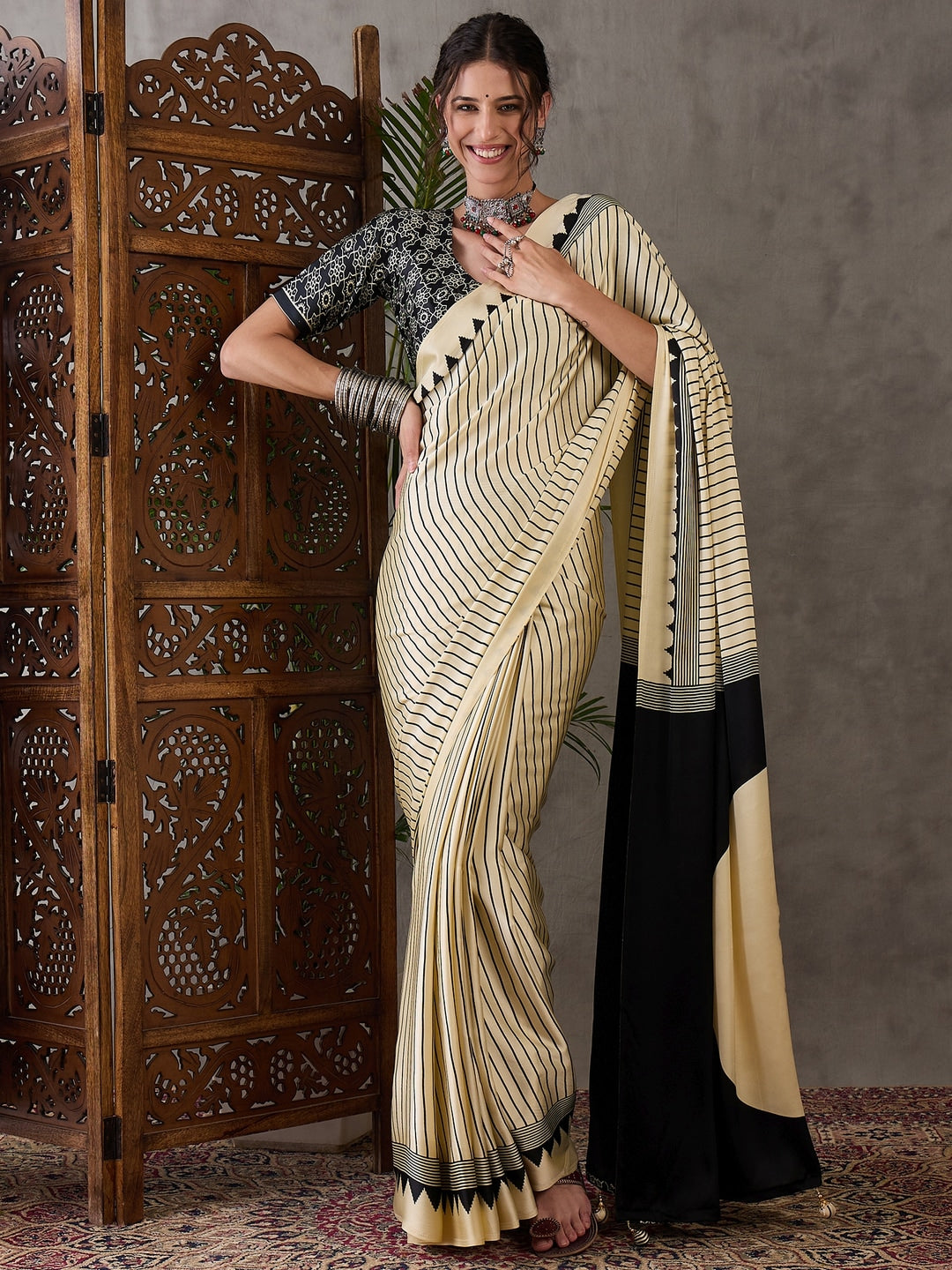 Peachmode Cream Striped Modal Art Silk Saree with Blouse - Image 1