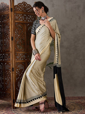 Peachmode Cream Striped Modal Art Silk Saree with Blouse - Image 2