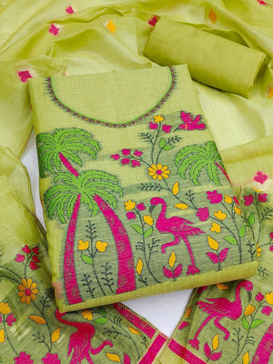 Peachmode Lime Green Jamdani Cotton Palm Bird Unstitched Dress Material - Image 1