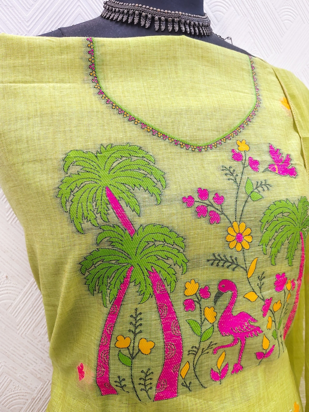 Peachmode Lime Green Jamdani Cotton Palm Bird Unstitched Dress Material - Image 3