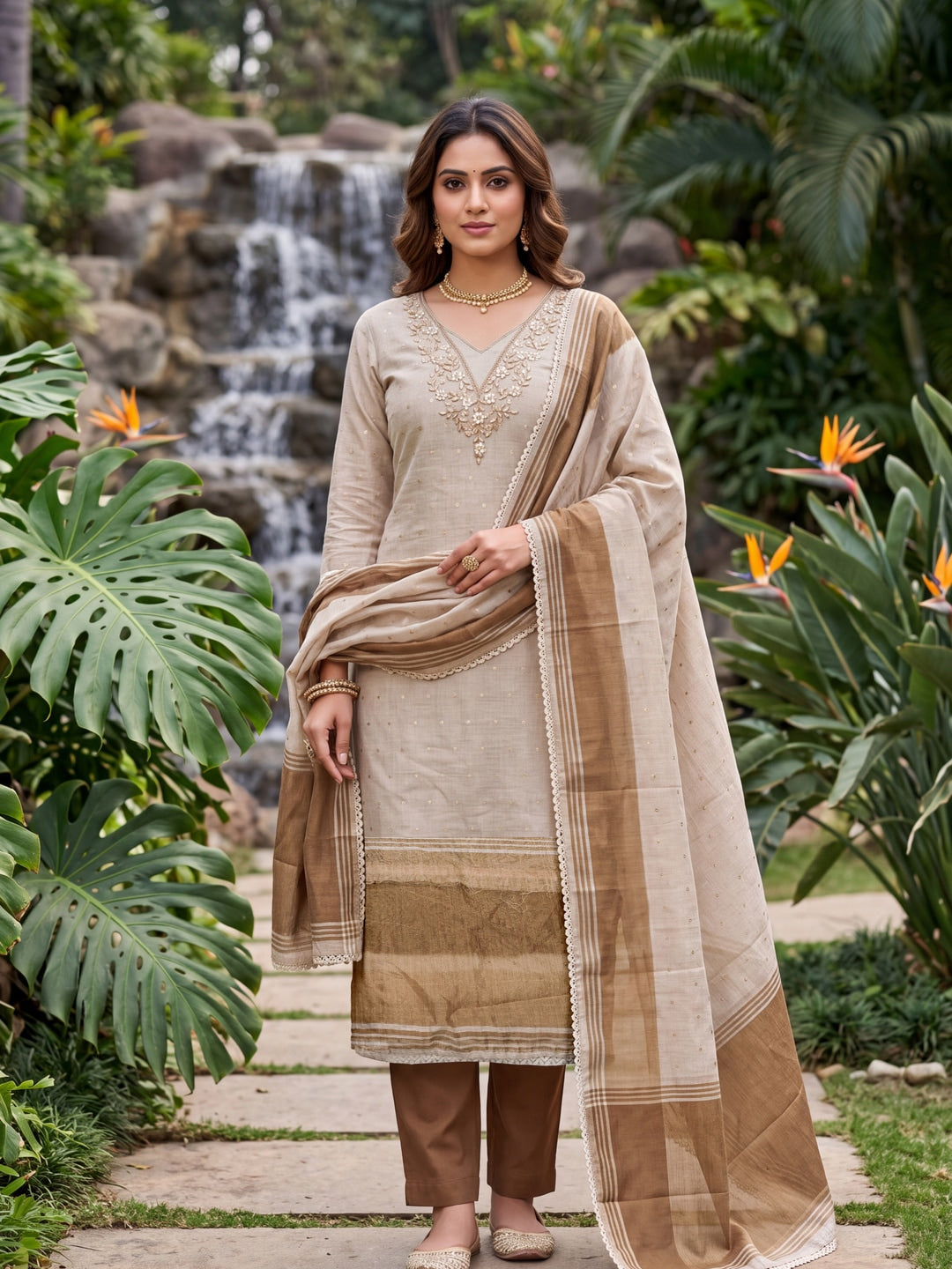 Peachmode Beige Banarasi Cotton Handwork Dress Material - Image 2