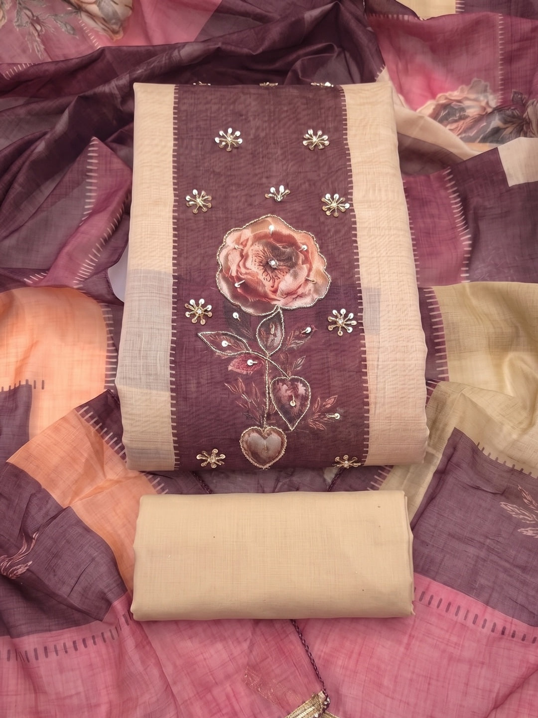 Peachmode Beige Maroon Floral Handwork Pure Modal Dress Material - Image 1