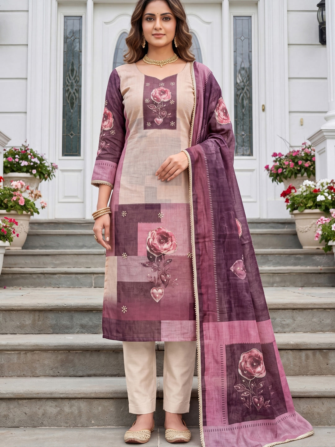 Peachmode Beige Maroon Floral Handwork Pure Modal Dress Material - Image 2