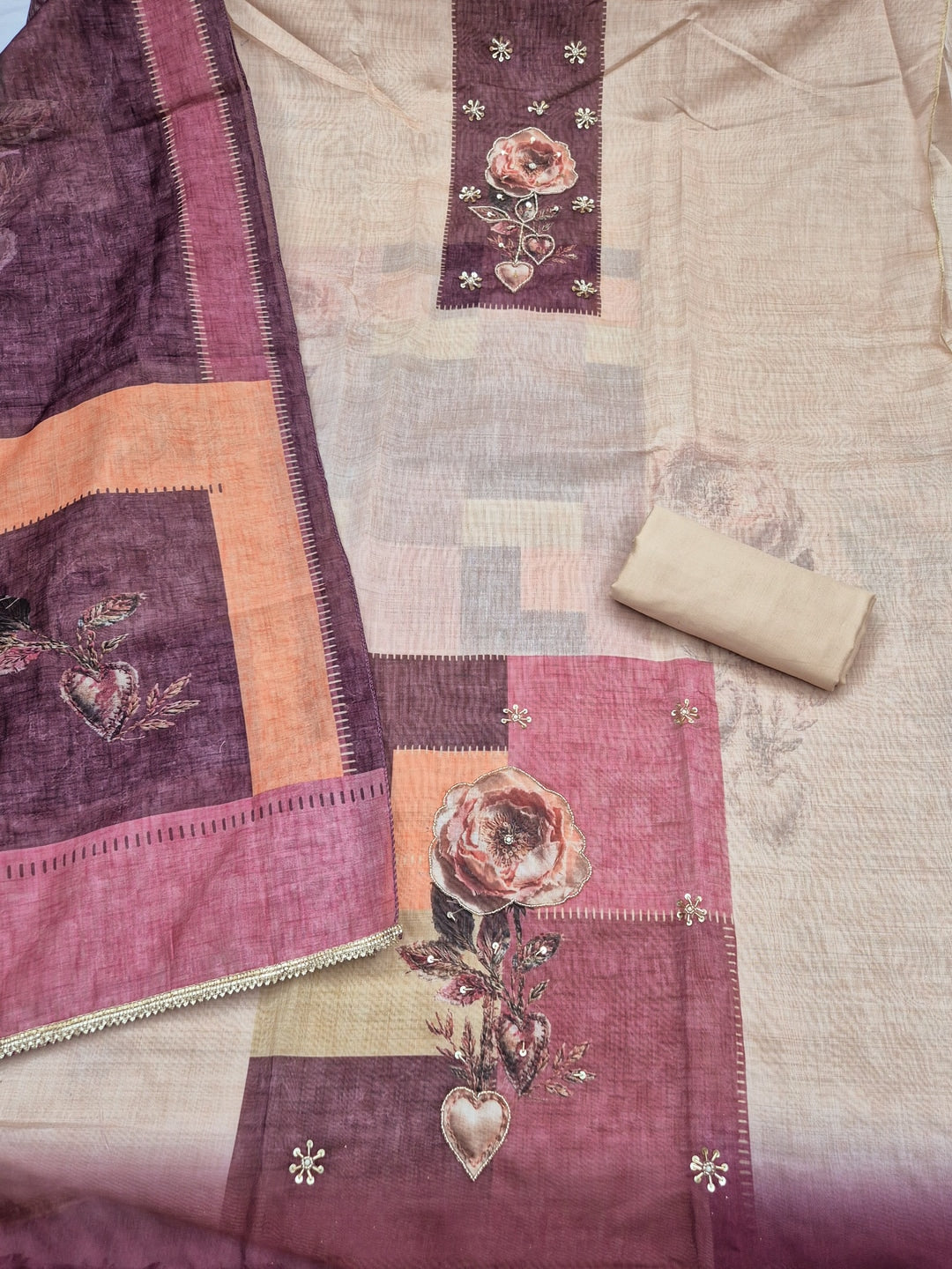 Peachmode Beige Maroon Floral Handwork Pure Modal Dress Material - Image 3