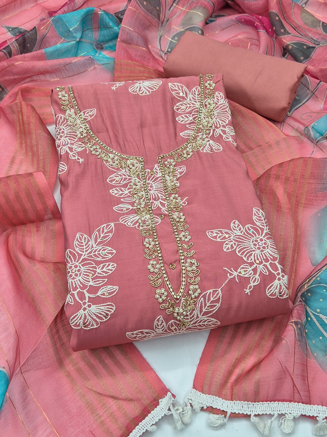 Peachmode Peach Floral Embroidered Cotton Silk Dress Material - Image 1