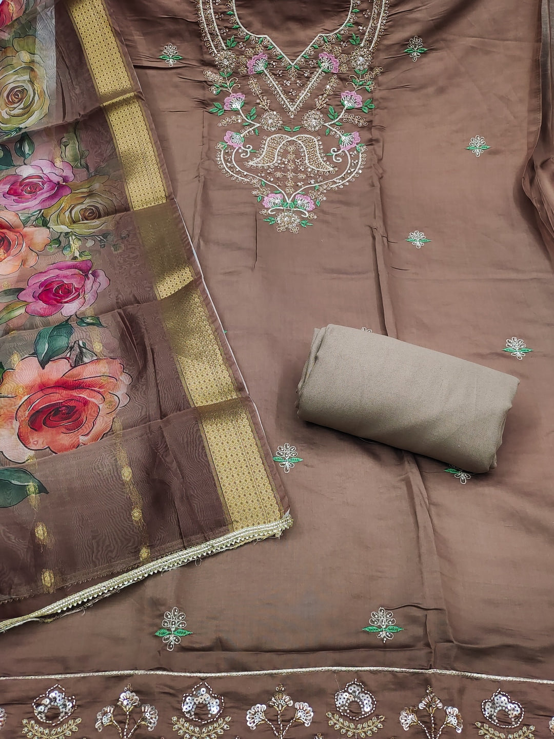 Peachmode Brown Floral Embroidered Cotton Silk Dress Material - Image 3