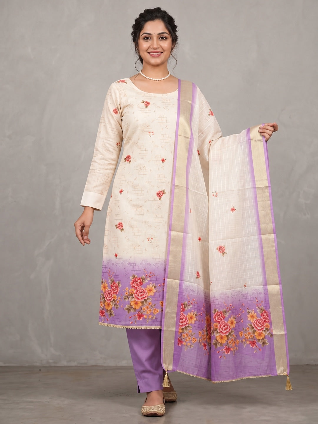Cream Lavender Floral Printed Unstitched Dress Material - Image 2