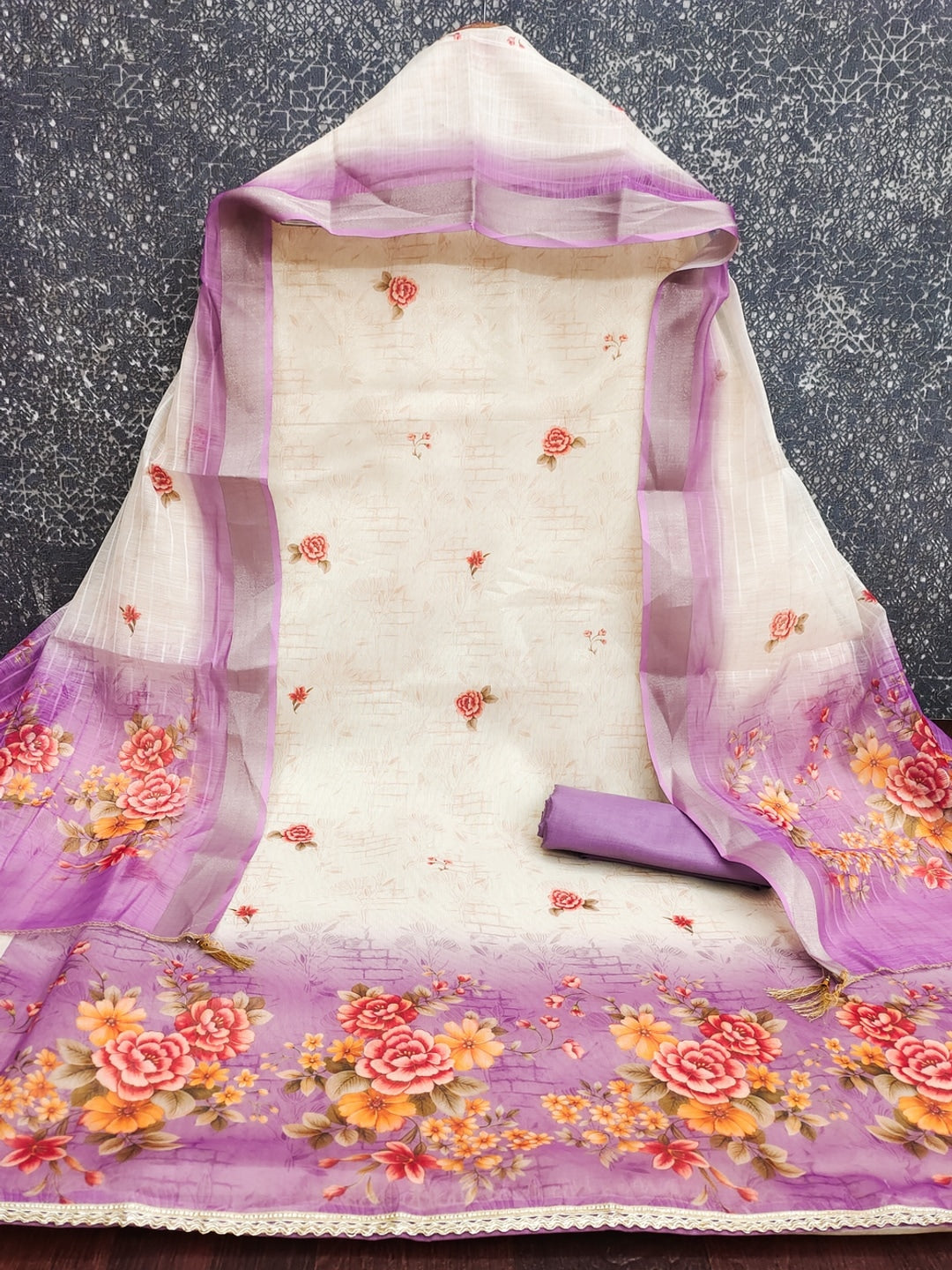 Cream Lavender Floral Printed Unstitched Dress Material - Image 4