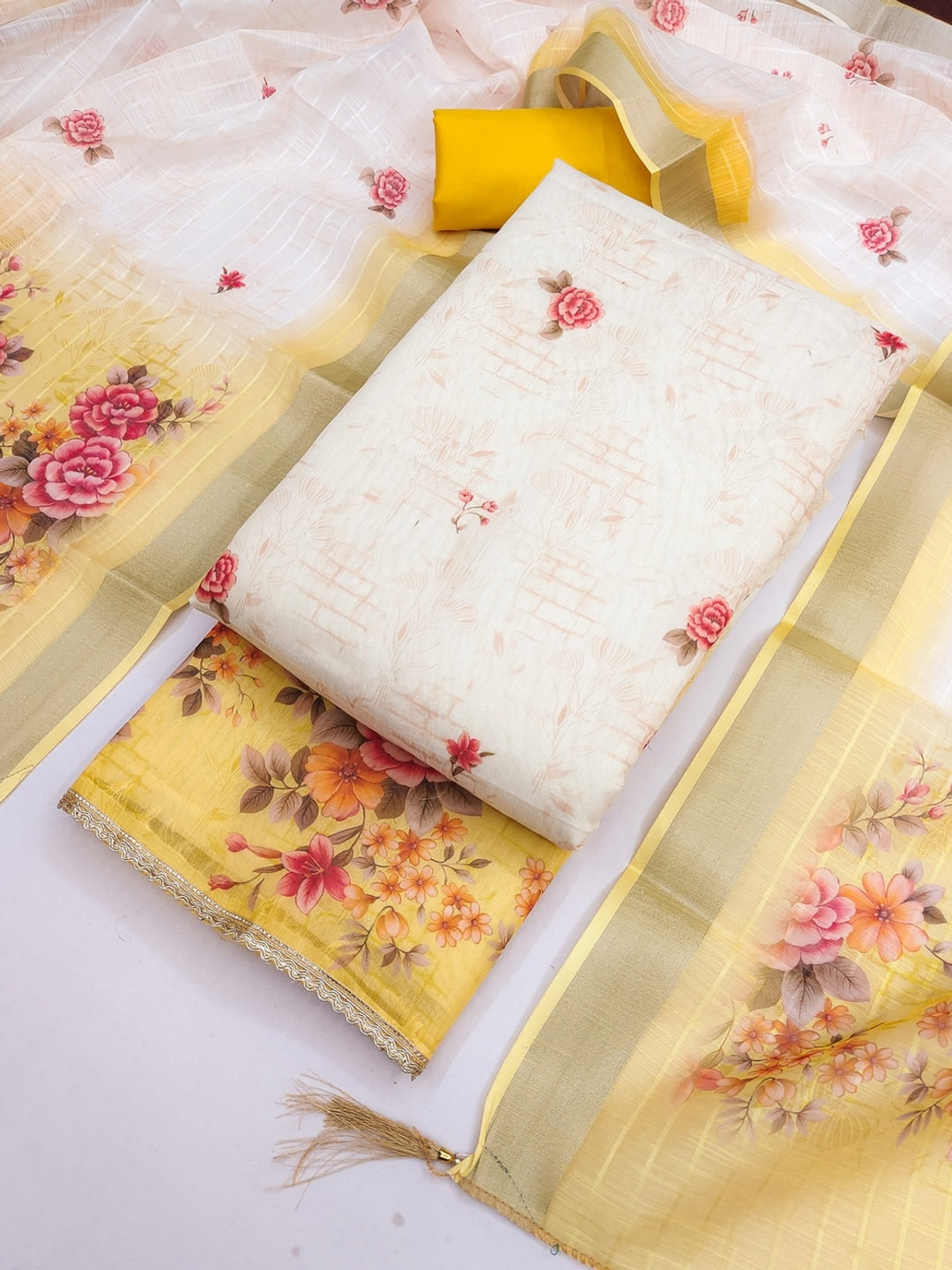 Cream Yellow Floral Printed Unstitched Dress Material - Image 3