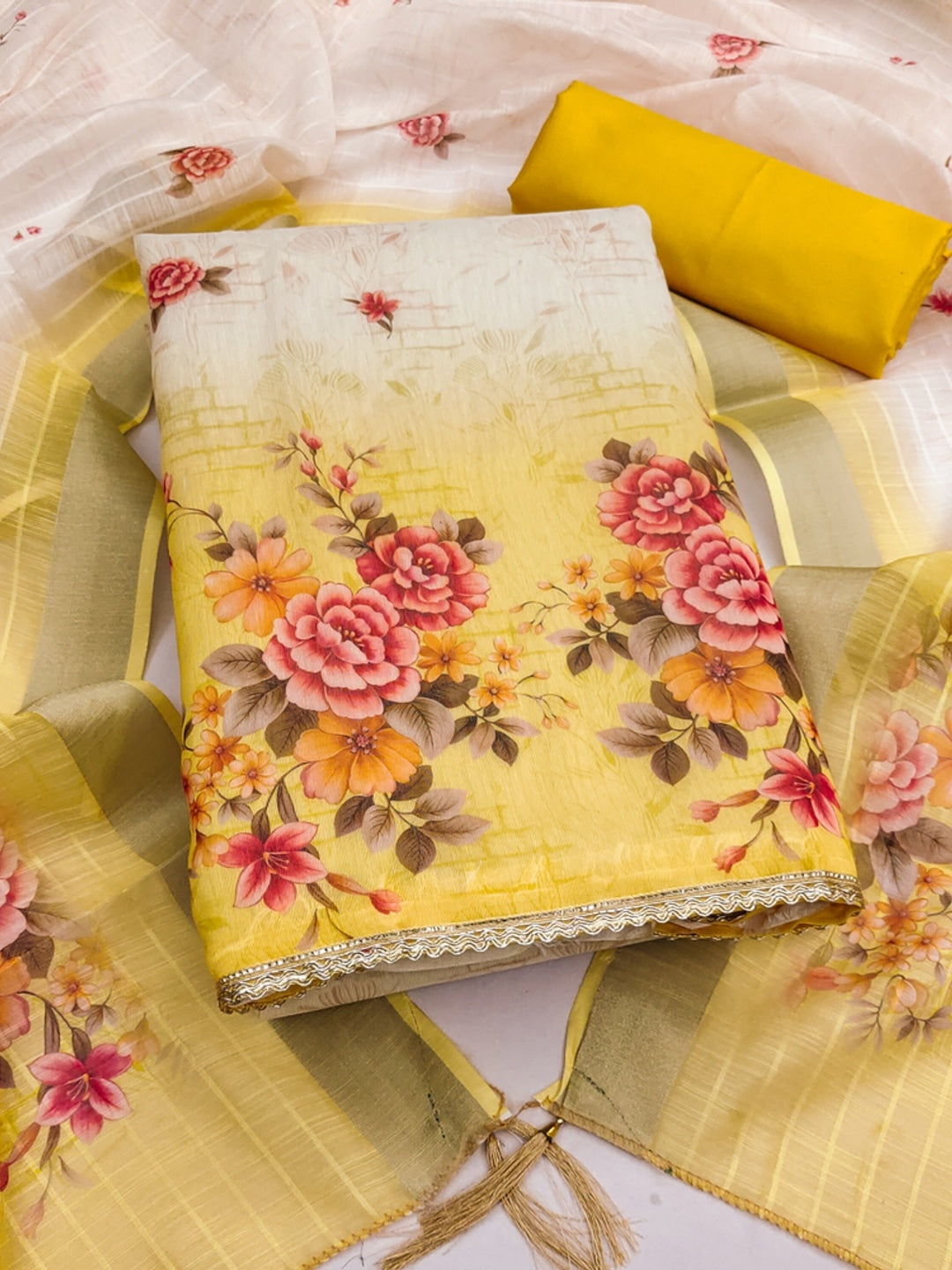 Cream Yellow Floral Printed Unstitched Dress Material - Image 4