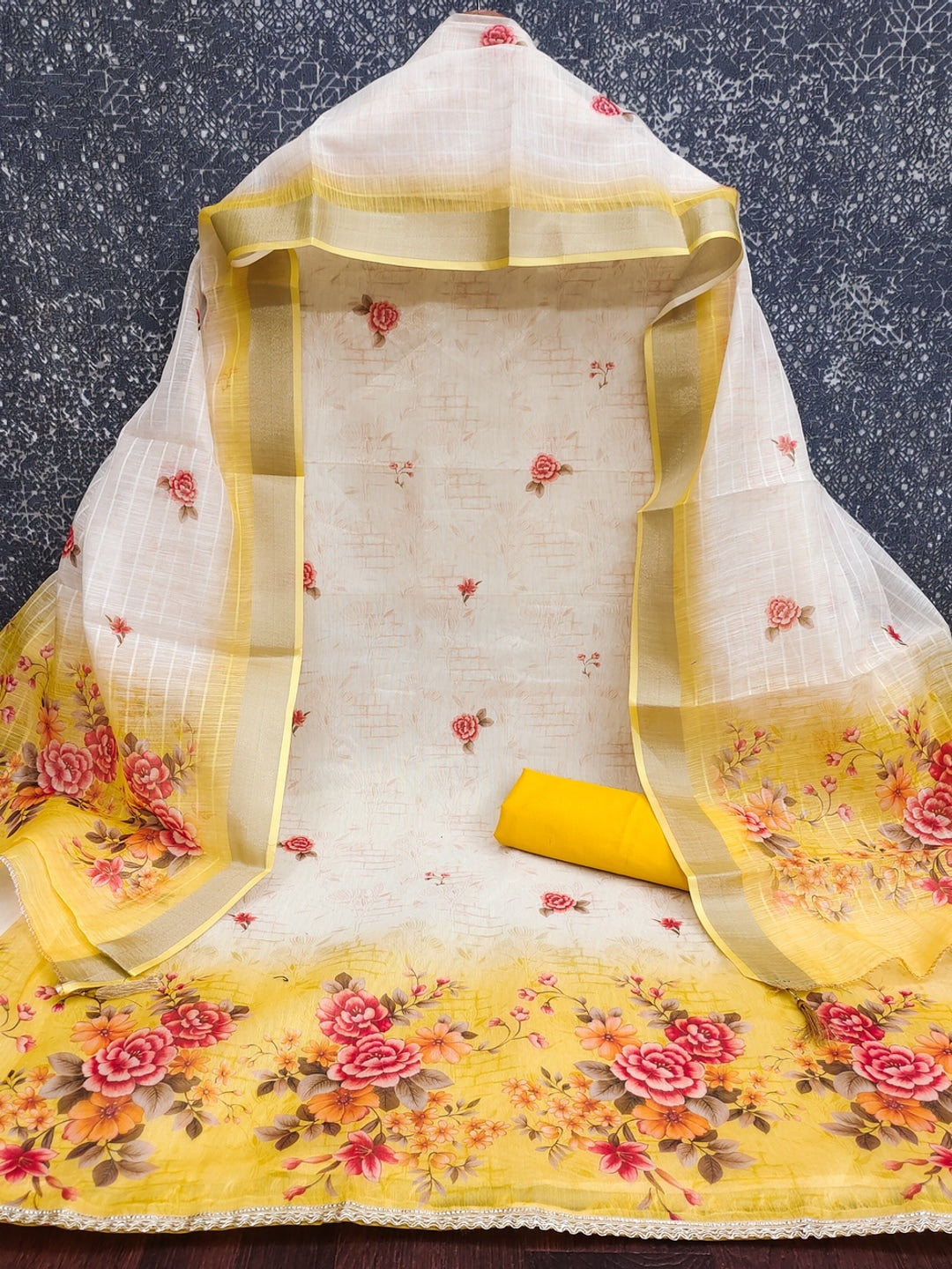 Cream Yellow Floral Printed Unstitched Dress Material - Image 5
