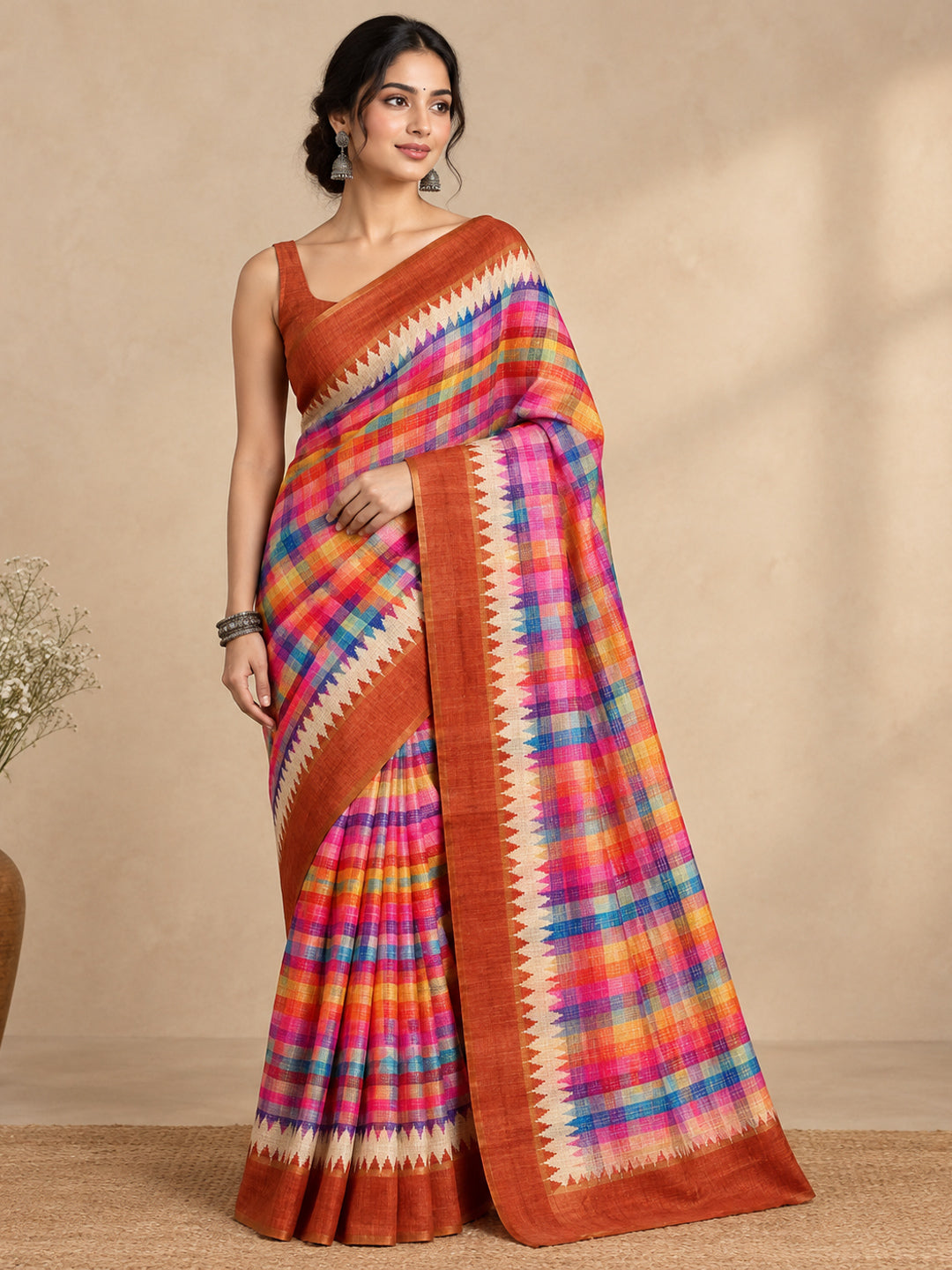 Peachmode Rust Checked Tussar Silk Saree - Image 1