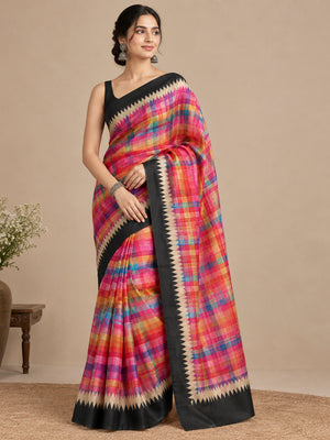 Peachmode Black Checked Tussar Silk Saree - Image 1