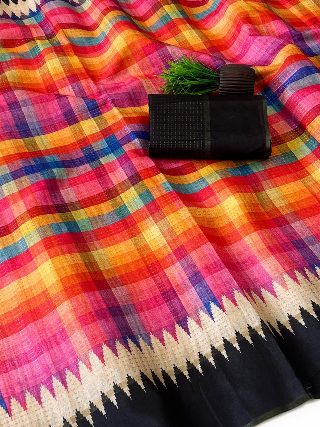 Peachmode Black Checked Tussar Silk Saree - Image 5