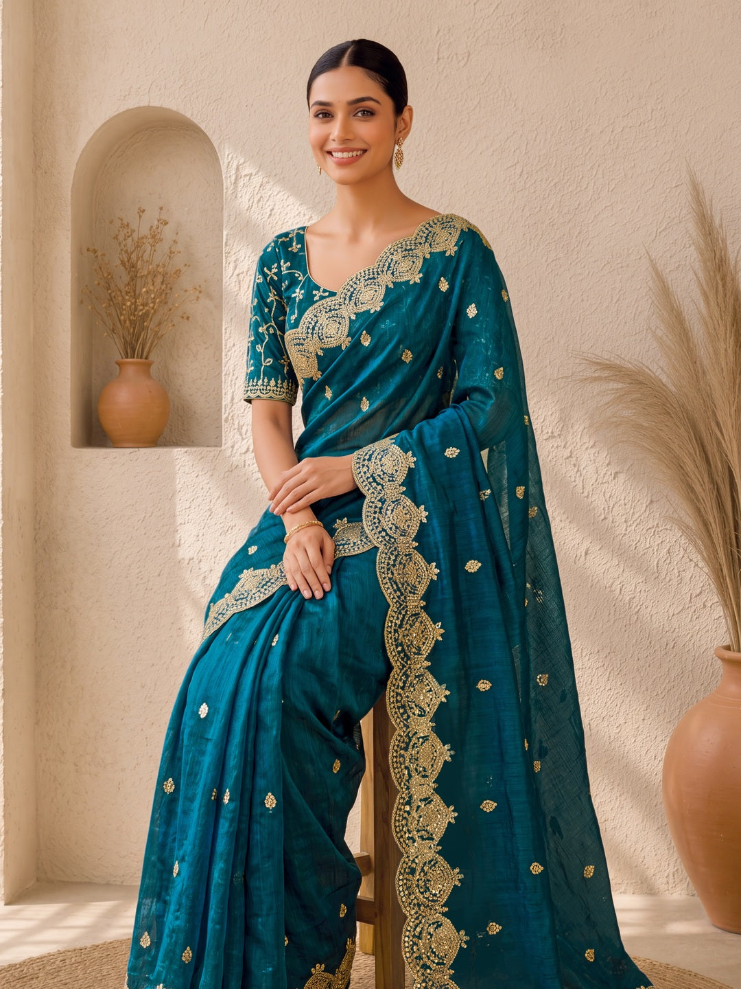 Peachmode Teal Fandy Chiffon Sequin work Saree - Image 3