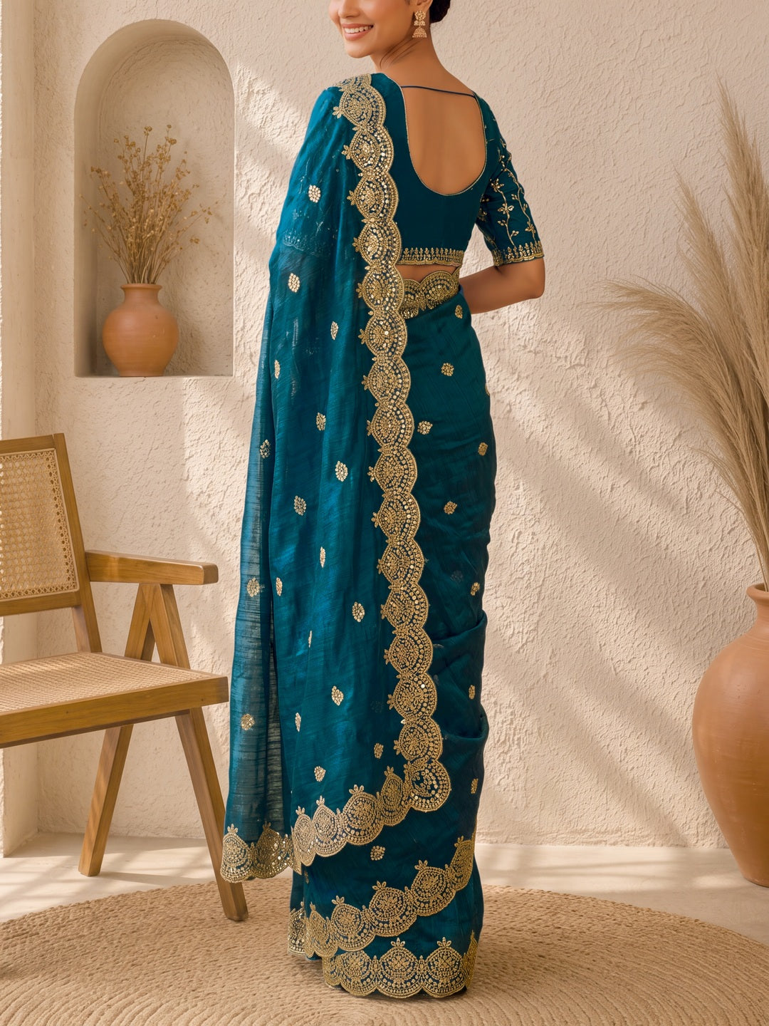 Peachmode Teal Fandy Chiffon Sequin work Saree - Image 4