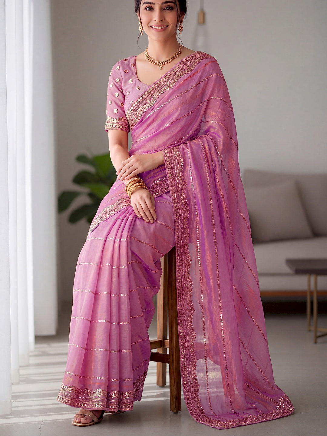 Peachmode Pink Fandy Chiffon Sequin work Saree - Image 3