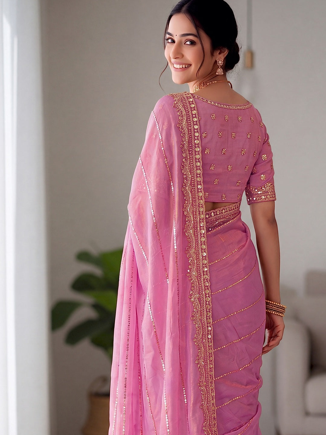 Peachmode Pink Fandy Chiffon Sequin work Saree - Image 5