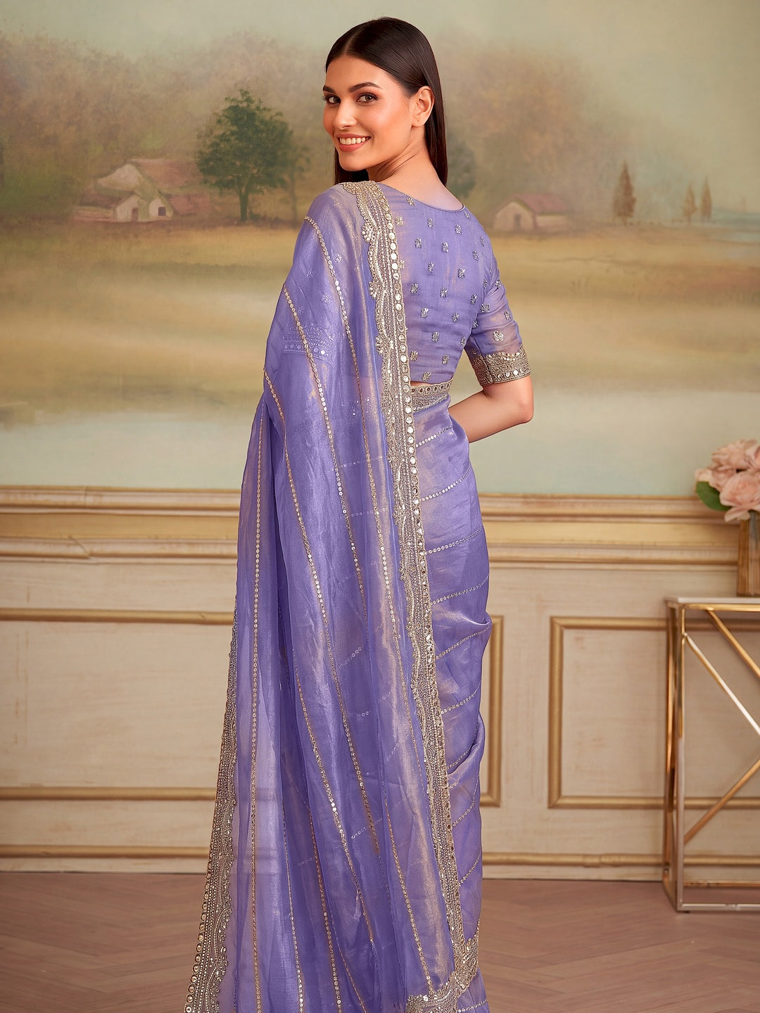 Peachmode Purple Fandy Chiffon Sequin work Saree - Image 2