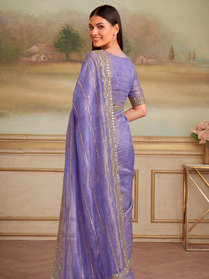 Peachmode Purple Fandy Chiffon Sequin work Saree - Image 2