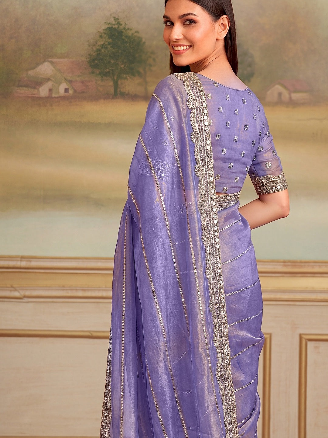 Peachmode Purple Fandy Chiffon Sequin work Saree - Image 5