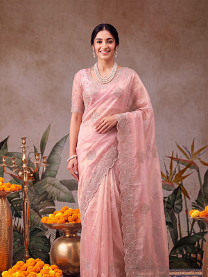 Peachmode Pink Twill Net Embroidery work Saree - Image 1