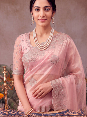 Peachmode Pink Twill Net Embroidery work Saree - Image 2