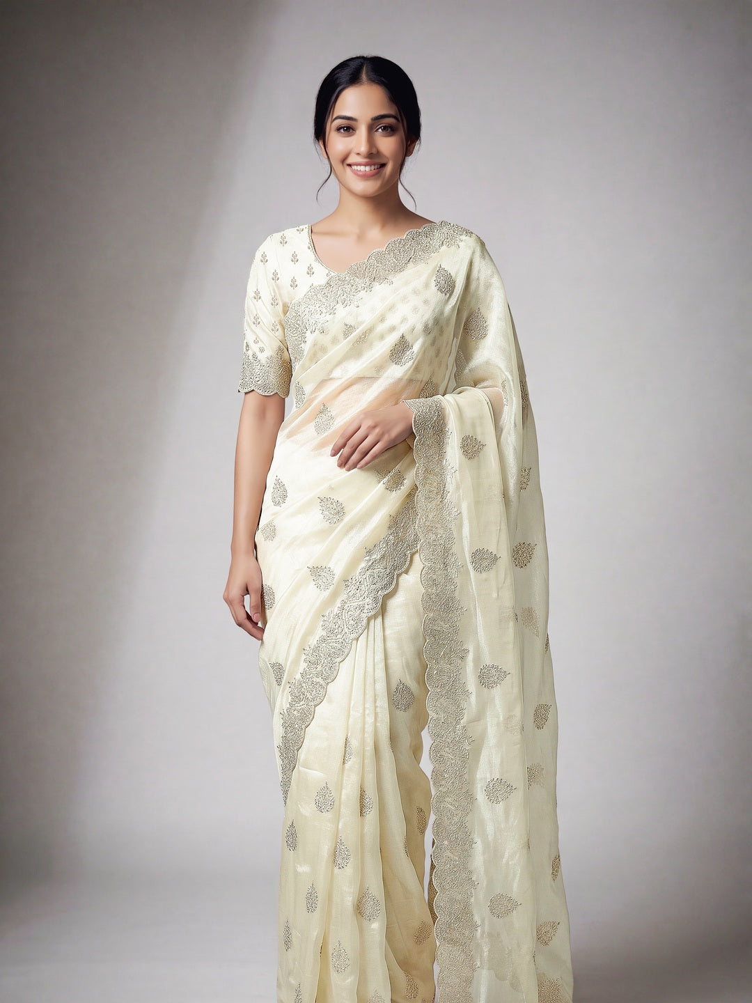 Peachmode Offwhite Twill Net Embroidery work Saree - Image 1