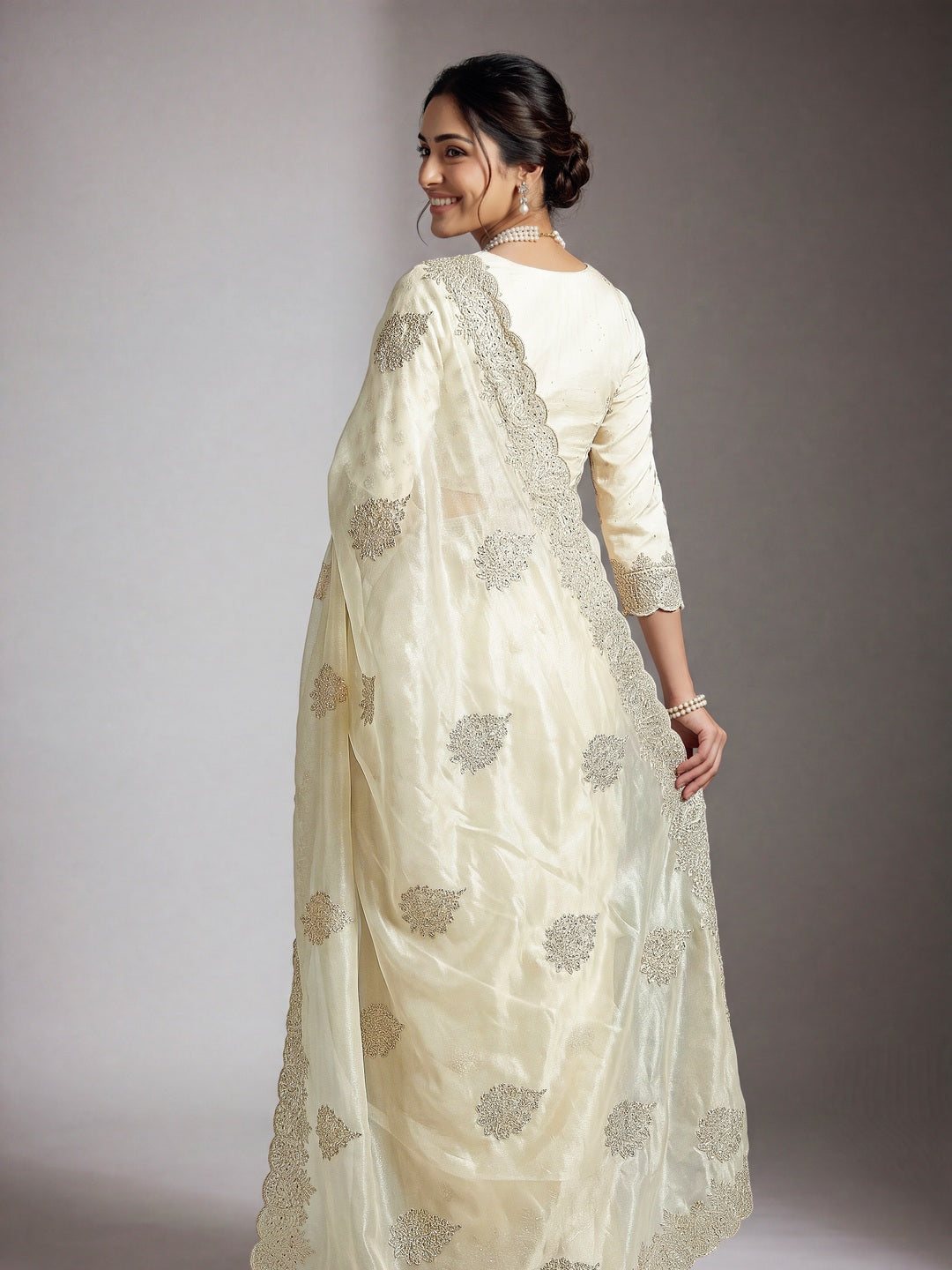 Peachmode Offwhite Twill Net Embroidery work Saree - Image 3