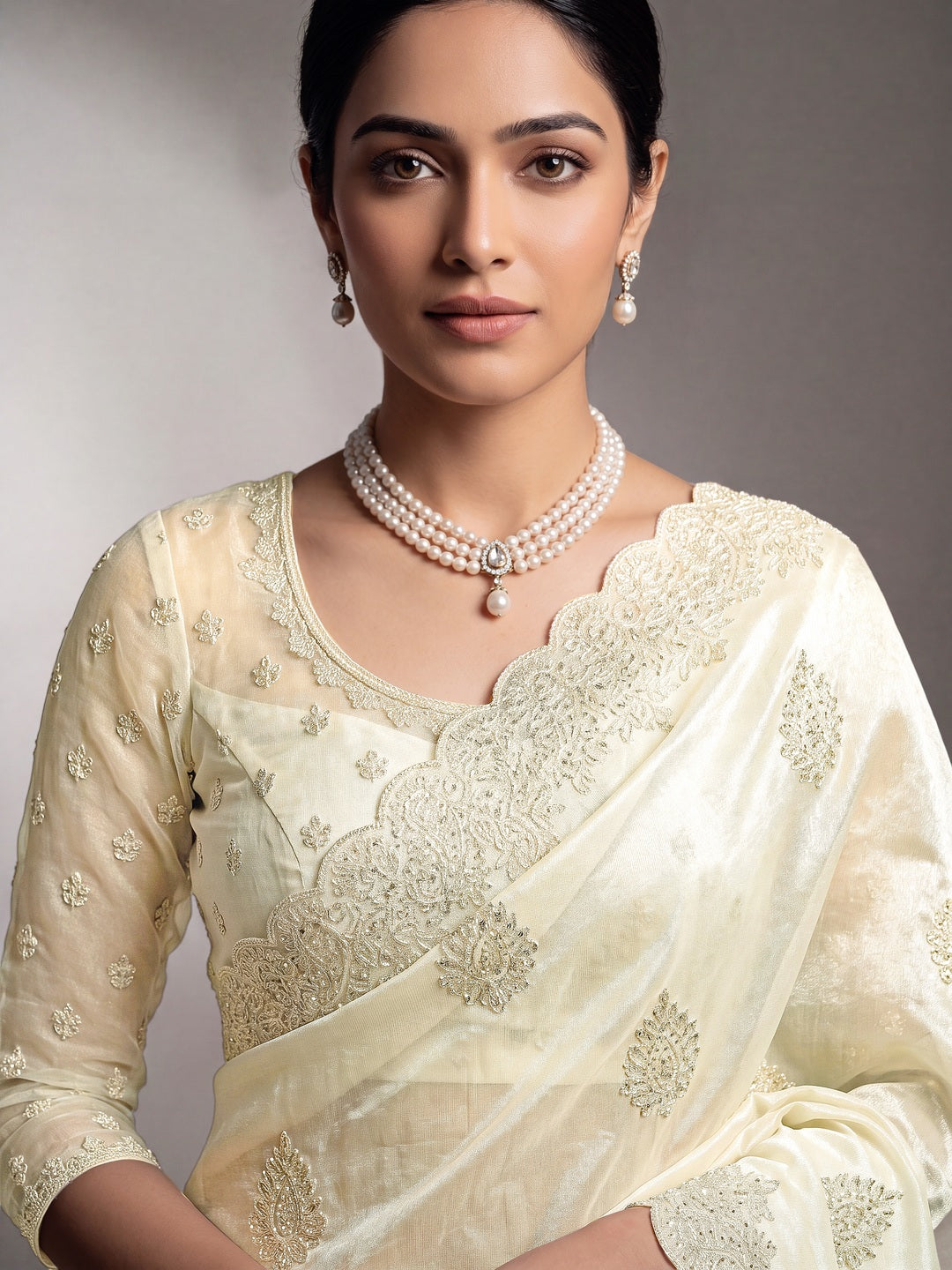 Peachmode Offwhite Twill Net Embroidery work Saree - Image 5