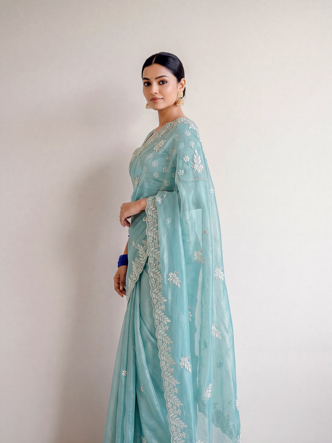 Peachmode Sea Green Georgette Resham embroidery Saree - Image 2