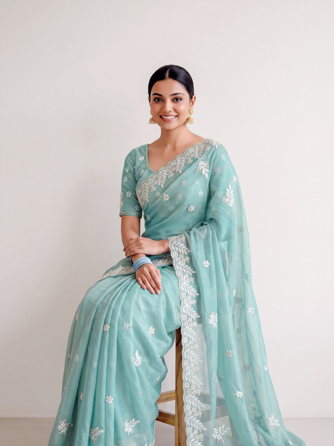 Peachmode Sea Green Georgette Resham embroidery Saree - Image 3