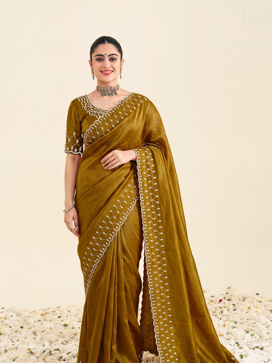 Peachmode Mustard Fandy Satin Handwork with jharkhand embellishment Saree - Image 1
