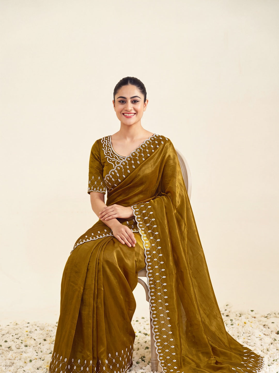 Peachmode Mustard Fandy Satin Handwork with jharkhand embellishment Saree - Image 3