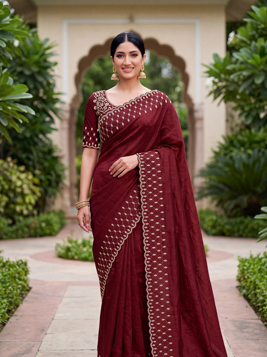 Peachmode Rust Fandy Satin Handwork with jharkhand embellishment Saree - Image 1