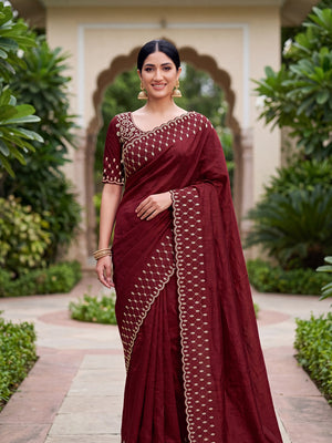 Peachmode Rust Fandy Satin Handwork with jharkhand embellishment Saree - Image 1