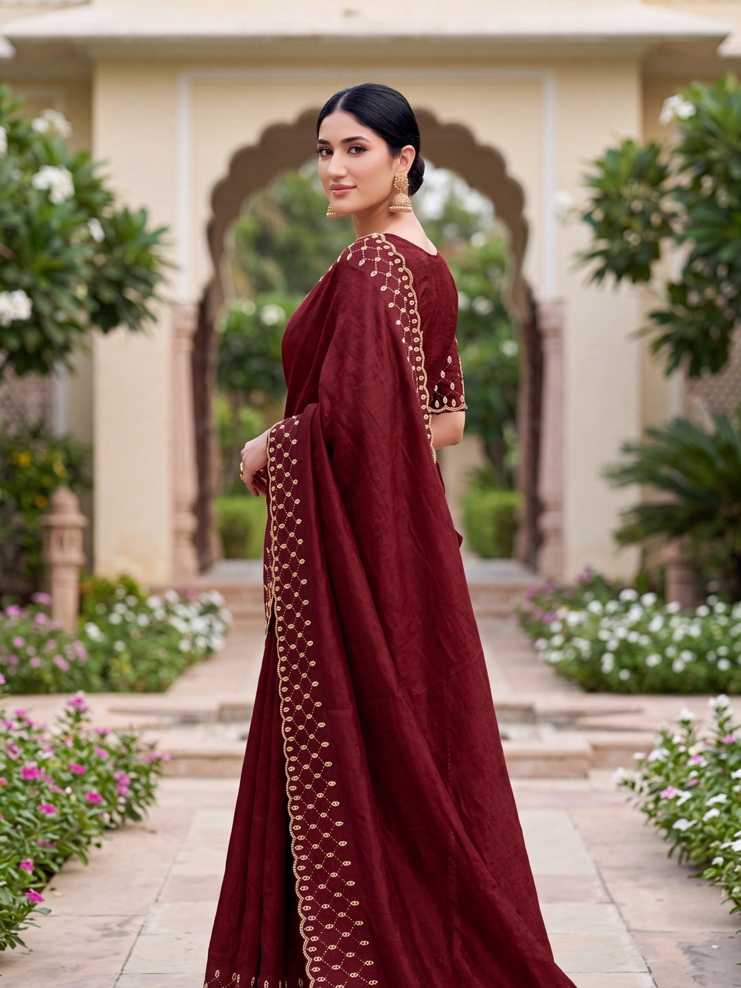 Peachmode Rust Fandy Satin Handwork with jharkhand embellishment Saree - Image 2