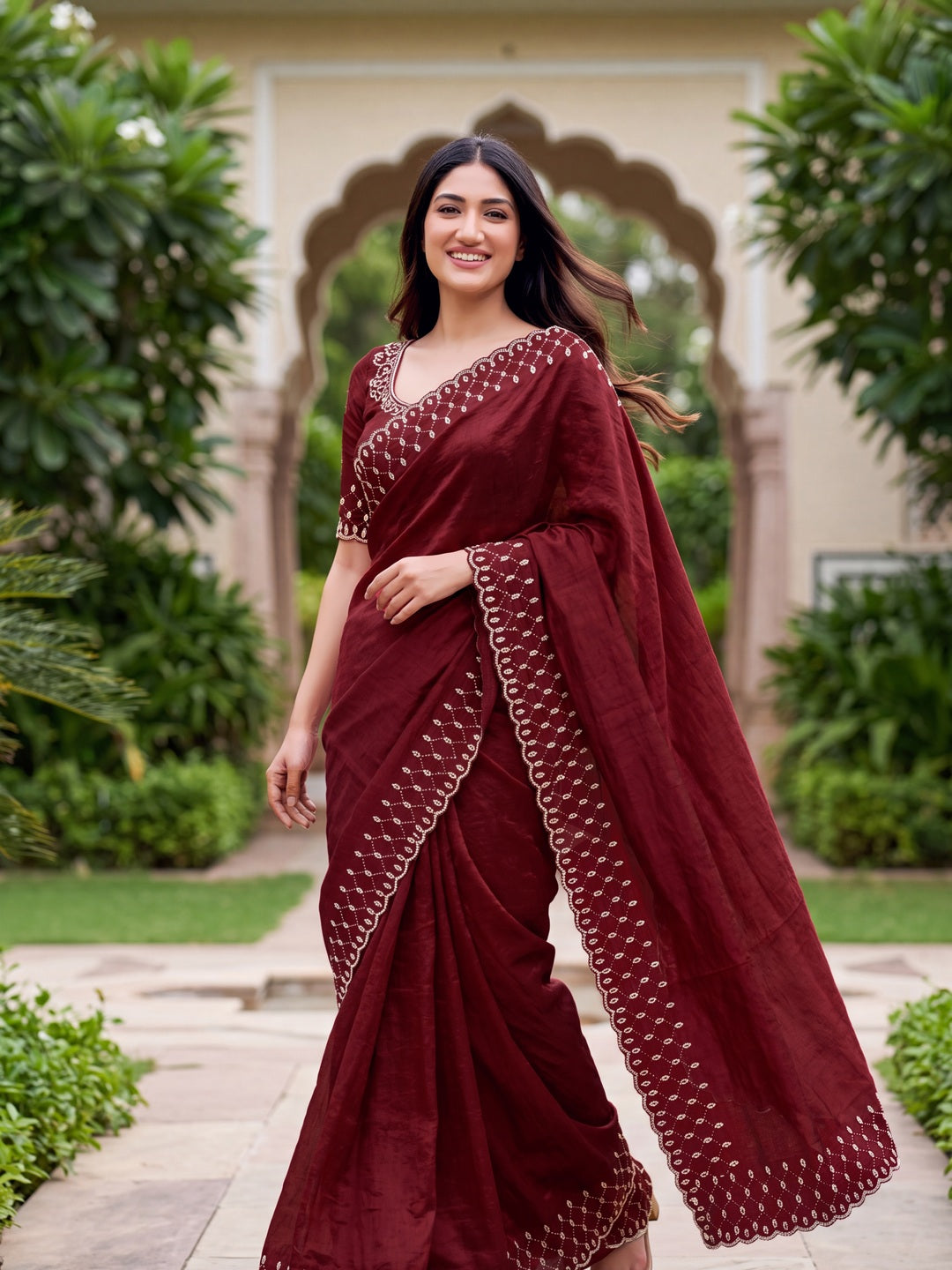 Peachmode Rust Fandy Satin Handwork with jharkhand embellishment Saree - Image 3