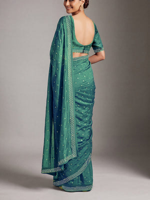 Peachmode Sea Green Fandy Satin Handwork with jharkhand embellishment Saree - Image 2