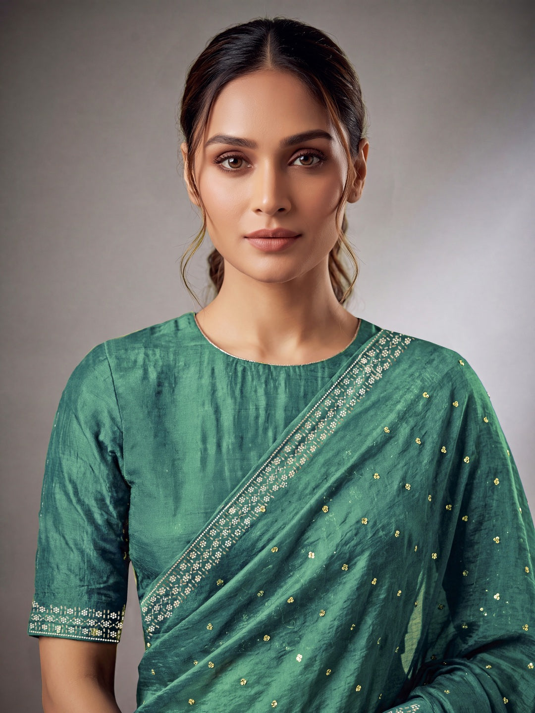 Peachmode Sea Green Fandy Satin Handwork with jharkhand embellishment Saree - Image 4