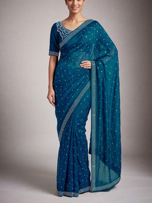 Peachmode Teal Fandy Satin Handwork with jharkhand embellishment Saree - Image 1