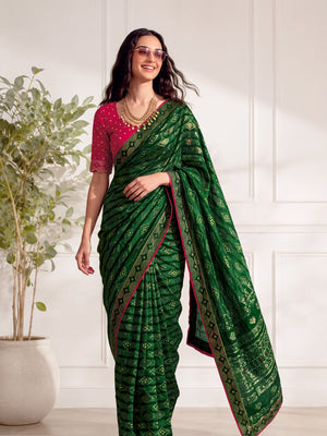 Peachmode Green Solo Bandhani Bandhani print Saree - Image 2