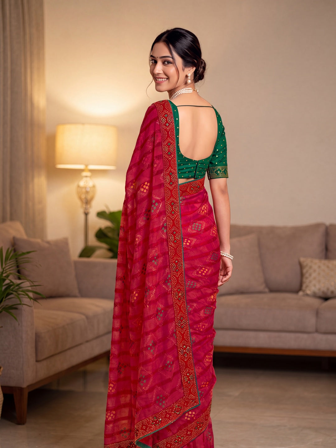 Peachmode Pink Solo Bandhani Bandhani print Saree - Image 2
