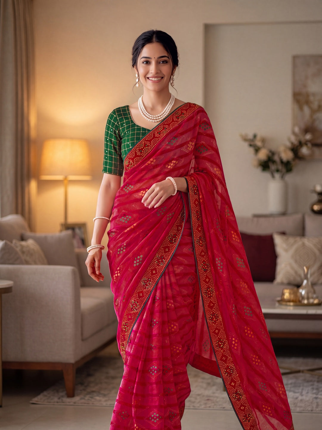 Peachmode Pink Solo Bandhani Bandhani print Saree - Image 3